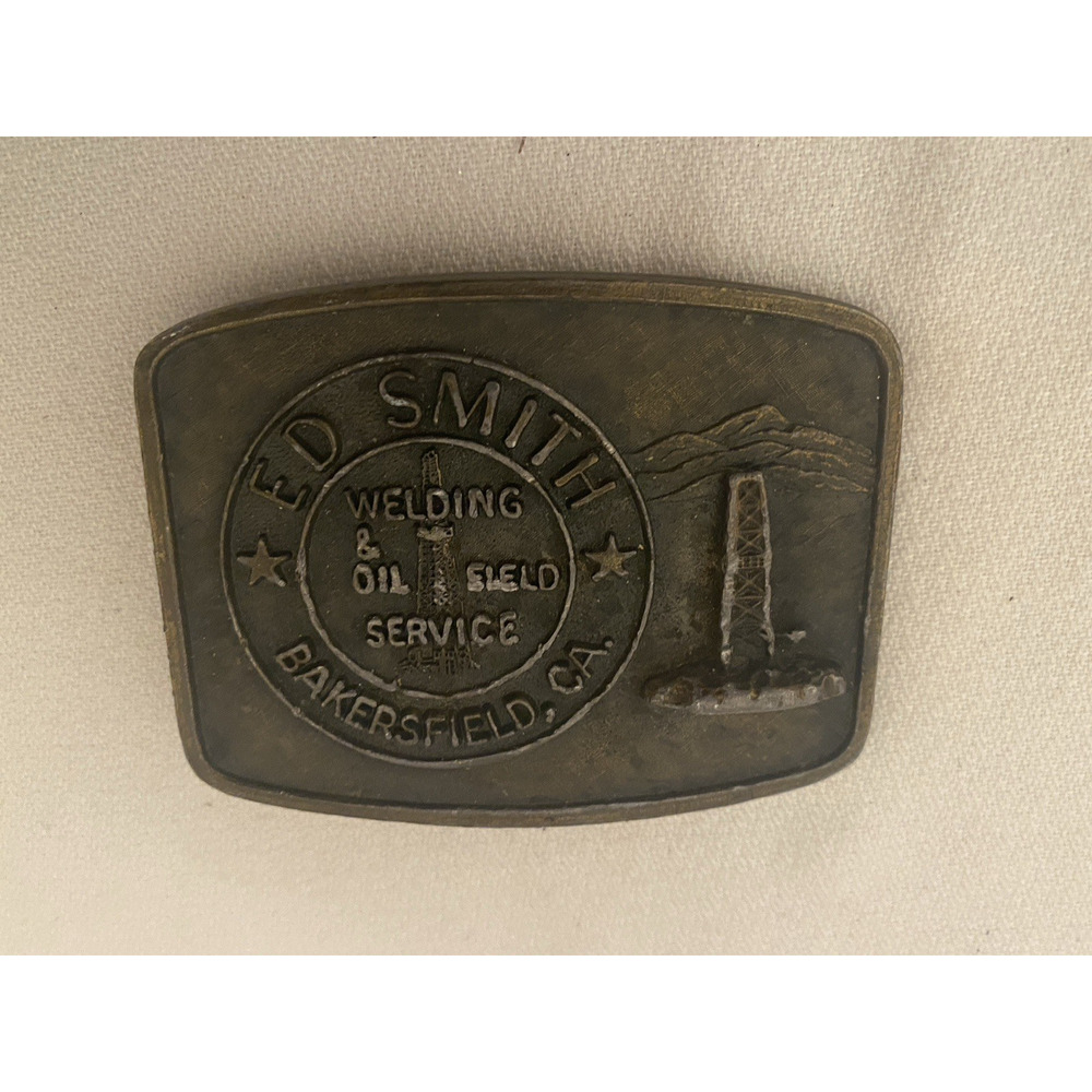 Vtg Ed Smith Oil Oilfield Service Welding Brass Belt Buckle Bakersfield CA